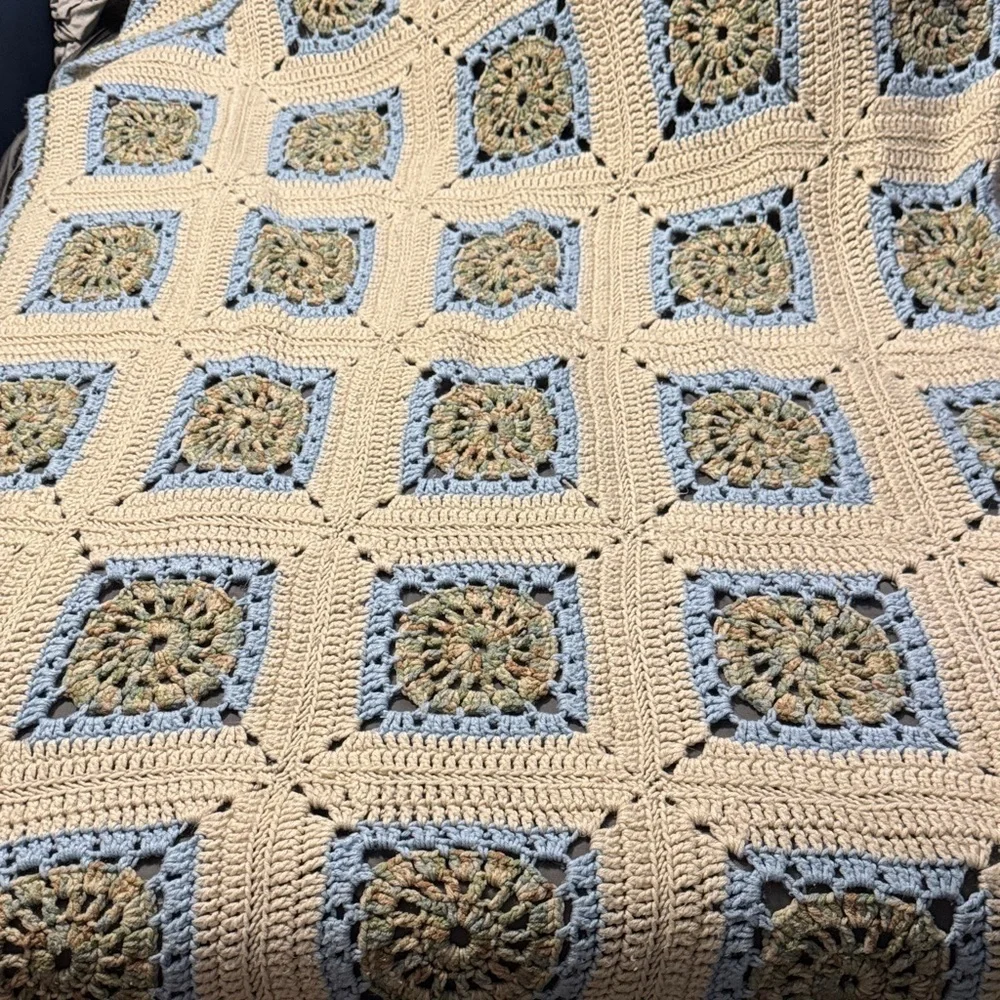 Handmade Crochet Blanket - Cream and Blue Granny Square